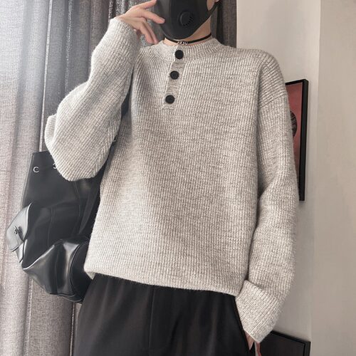 灰色美式复古亨利领毛衣男款冬季慵懒风高级感针织衫cleanfit外套