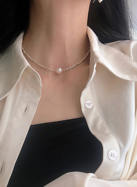 碎银珍珠项链女潮流气质颈链小众设计高感轻奢银锁骨链百搭闺蜜款