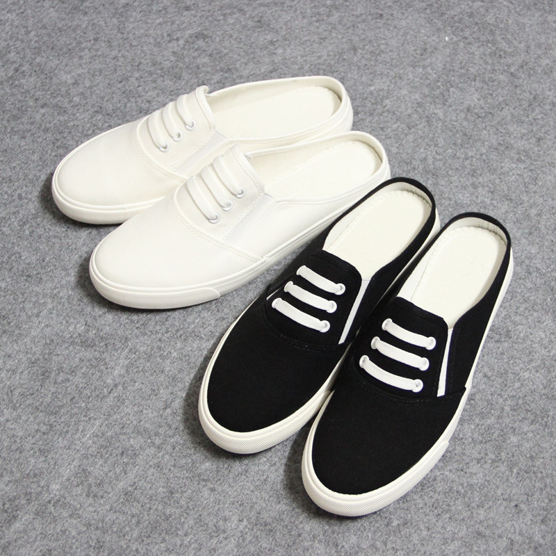 新款半拖女帆布拖鞋情侣休闲鞋懒人鞋透气鞋白色女男无后跟鞋