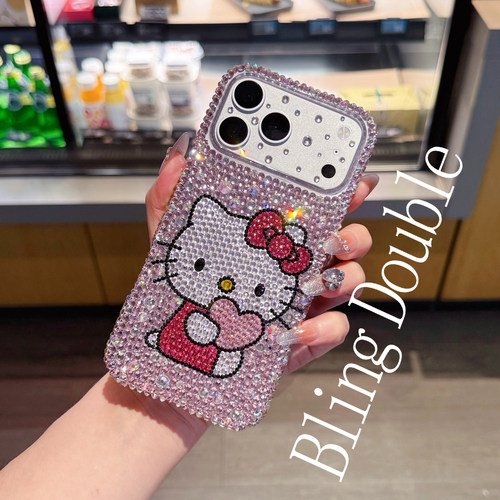 苹果17ProMax水钻手机壳网红新款iPhone16带钻石闪15plus全包防摔适用14卡通kt猫13mini可爱女12满钻11镶钻18