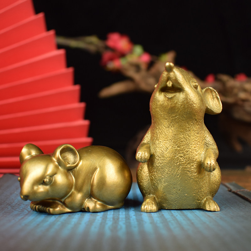 黄铜紫铜实心招财生肖鼠办公室书房桌面小摆件文房镇纸家居工艺品