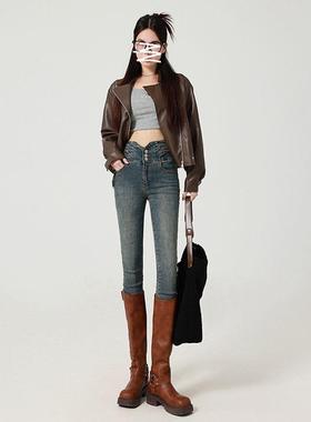 高腰小脚牛仔裤女2025秋冬新款修身显瘦加绒弹力铅笔紧身裤配靴子