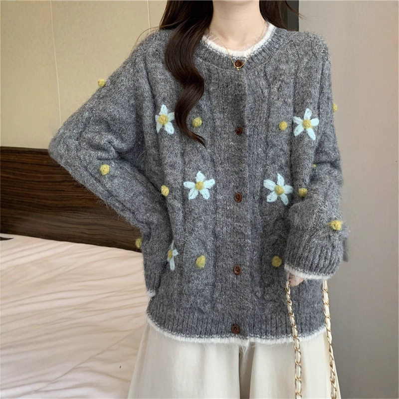 立体花朵针织开衫毛衣外套女春秋2025大码胖mm小香风法式短款上衣