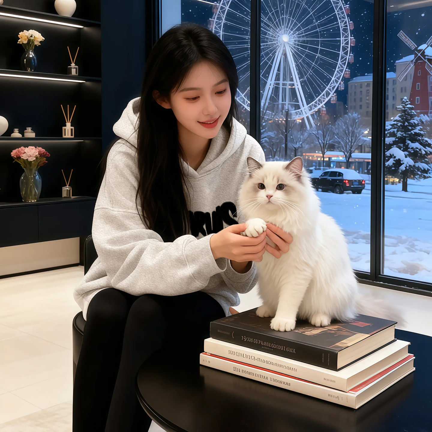 美式白灰色加绒加厚连帽字母卫衣女秋冬洋气小个子套头情侣上衣潮