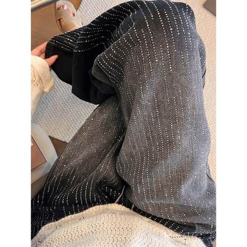 2025秋冬新款复古休闲渐变拼色闪亮烫钻设计牛仔裤高腰直筒阔腿裤