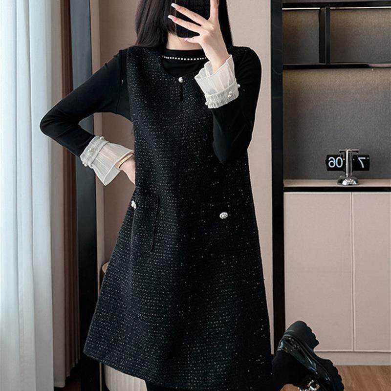 小香风连衣裙女秋冬毛呢背心裙2025新款大码胖mm高级感轻奢打底裙