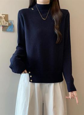 高级感藏蓝色半高领针织衫毛衣女2025秋冬新款大码胖mm打底衫上衣