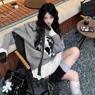 针织衫 设计感小狗提花圆领套头毛衣女学生秋冬新款 慵懒风宽松时尚