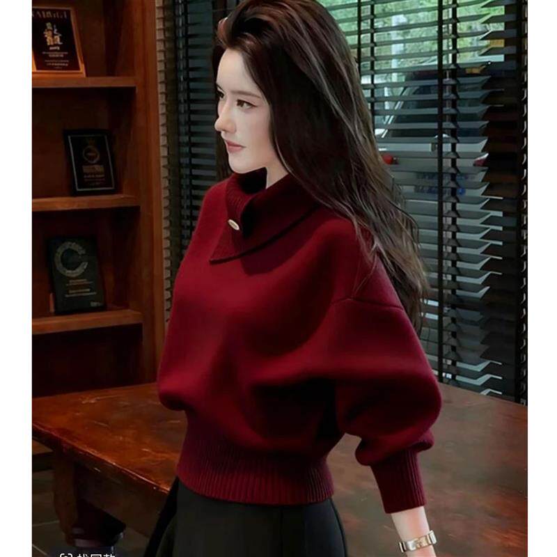 圣诞新年穿搭红色高领毛衣女秋冬季宽松慵懒高级感内搭打底针织衫