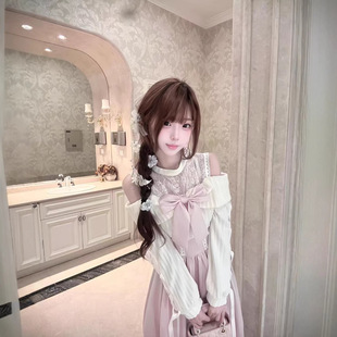 清楚系优雅温柔浅粉露肩拼接长裙甜美蝴蝶结蕾丝边系带连衣裙