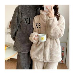 加厚长毛绒情侣睡衣男女M 4XL加肥加大拉链字母睡衣套