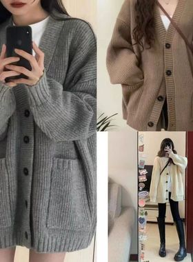 韩版穿搭小香风针织毛衣女秋季新款外搭宽松慵懒感领开衫外套潮
