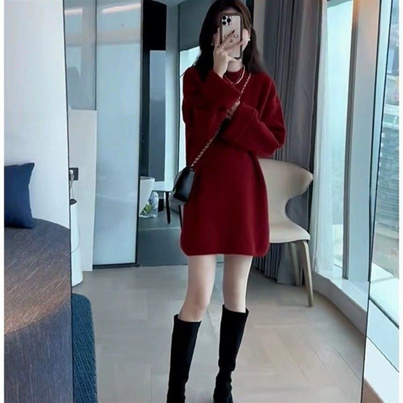 软山羊绒秋冬季新款女士宽松圆领慵懒风开叉加厚中长裙针织连衣裙,女装/女士精品,羊绒衫,淘宝优惠券,粉丝福利购,淘宝优惠卷