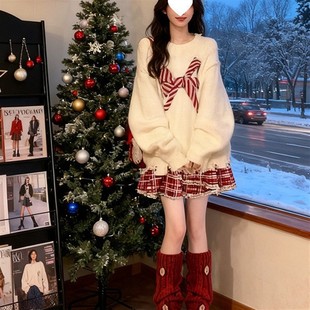 秋冬圣诞氛围感套装 女气质蝴蝶结针织毛衣搭显瘦格子连衣裙两件套