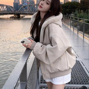 美式连帽座山雕皮衣外套棉服男女款冬季加绒加厚保暖毛领棉衣夹克