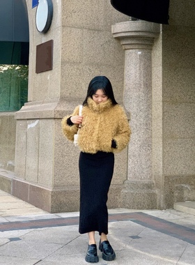 HOEOYEAN唤翼小个子定制冬季保暖超短款环保皮草姜黄色毛毛外套女