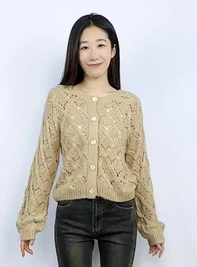 Mixblu麦斯兰专柜正品女士镂空圆领宽松毛衣针织开衫春秋WX201003