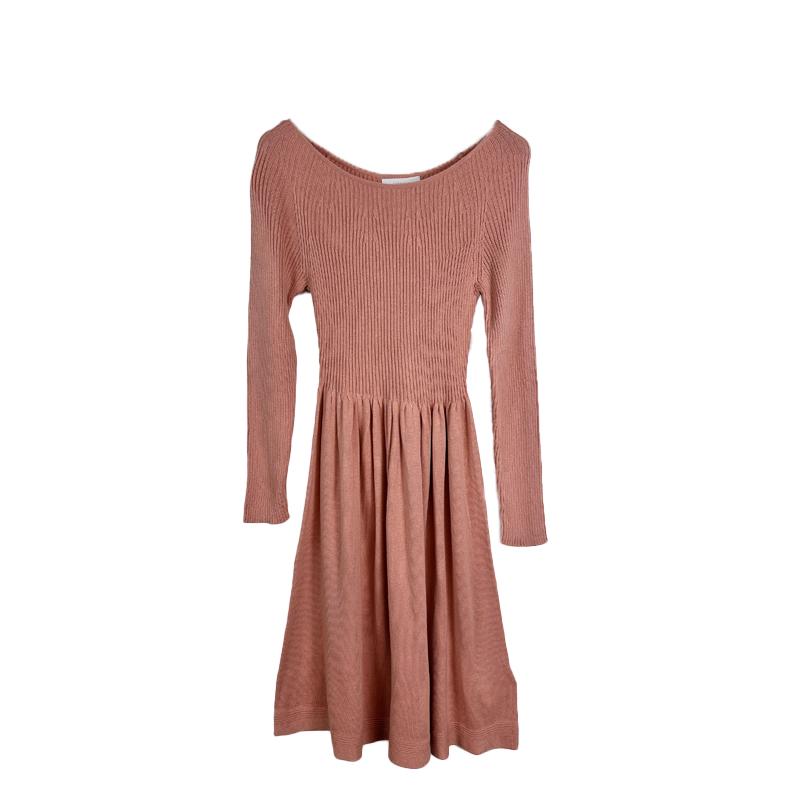 拉系专柜正品甜美纯色一字领修身45%棉质针织连衣裙春秋 729C5006