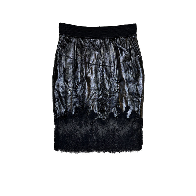 拉系列专柜正品潮酷人造革蕾丝拼接及膝中裙半身裙春秋冬60600879