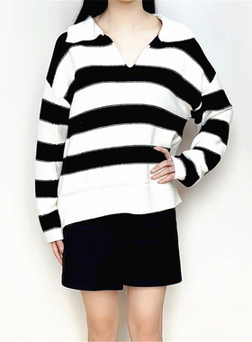 cache正品休闲翻领条纹宽松显高针织厚毛衣春秋冬短外套女7519035
