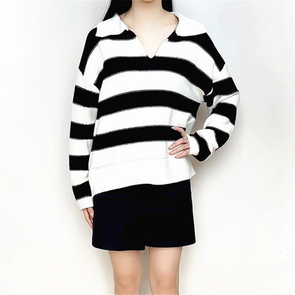 cache正品休闲翻领条纹宽松显高针织厚毛衣春秋冬短外套女7519035