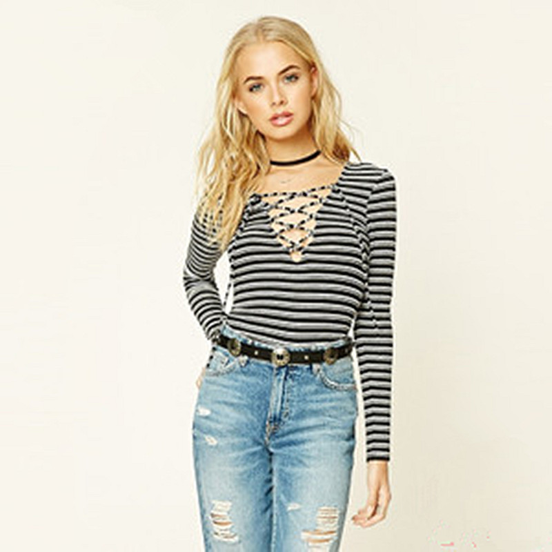 F21正品B-11-11-1-3条纹系带修身长袖女薄T恤234940
