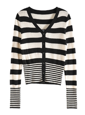 Mixblu麦斯兰专柜正品V领条纹修身收腰短针织开衫女春秋 WX201031