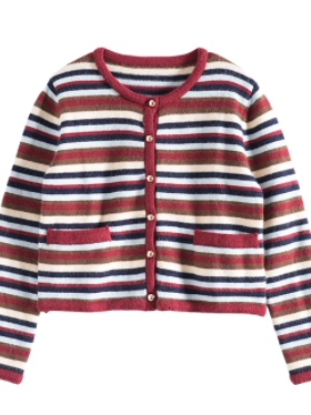 Mixblu麦斯兰专柜正品圆领长袖条纹直筒拉链针织开衫女秋BXB61606