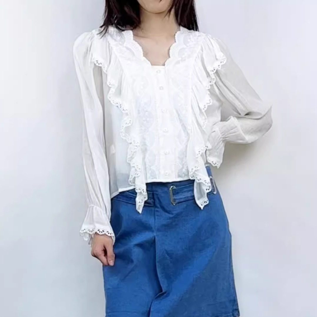 Mixblu麦斯兰专柜正品透视蕾丝边收腰长袖雪纺白衬衫女BX728019