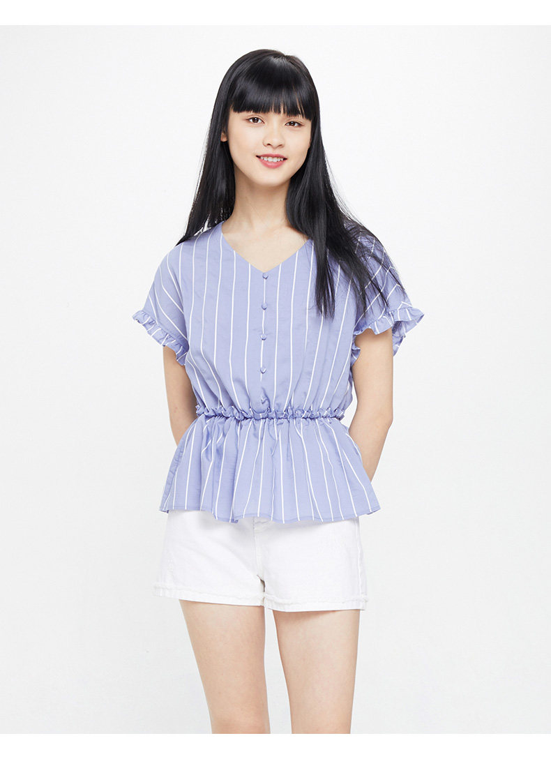 包邮cache专柜正品条纹V领短袖高腰裙摆衬衫夏上衣女9407002