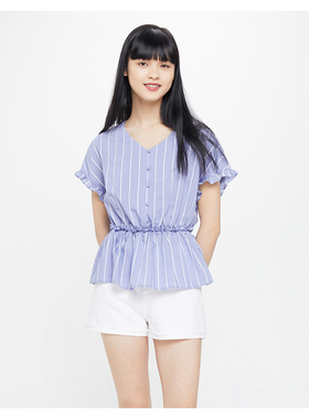 包邮cache专柜正品条纹V领短袖高腰裙摆衬衫夏上衣女9407002