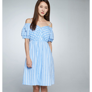 艾格伊品正品清新竖纹可卸肩带灯笼袖连衣裙夏8E0122077