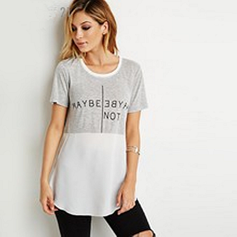 F21正品正品美国潮牌休闲个性圆领字母短袖拼接雪纺女T恤夏167112