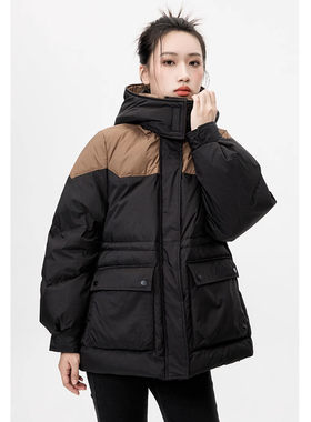 Mixblu麦斯兰专柜休闲拼色连帽宽松90绒羽绒服女秋冬BXA20008