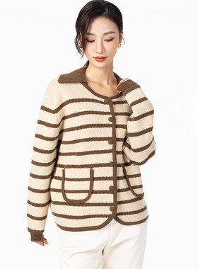 Mixblu麦斯兰专柜正品翻领条纹宽松针织开衫毛衣春秋冬女BX161012