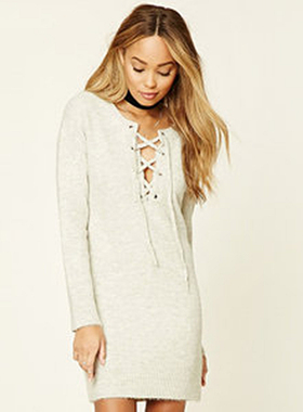 F21专柜正品休闲不扎人绑带针织连衣裙中长款厚毛衣女秋冬 198302