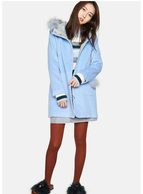 艾格伊品专柜正品可卸真毛条中长款大衣毛呢外套女春秋 8A0234006