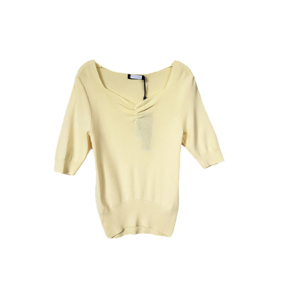 拉系列专柜正品百搭纯色V领褶皱中袖修身短款针织T恤衫女100B5001