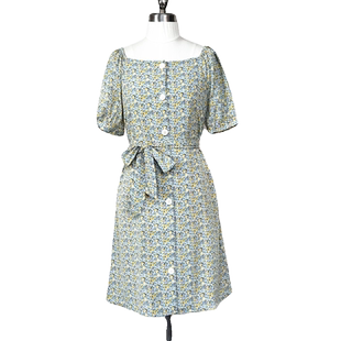 田园风满印花方领收腰蝴蝶结短裙连衣裙夏600B3041 拉系列正品 包邮