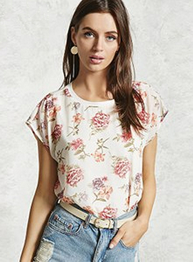 F21正品A-15-10-3-2圆领宽松印花衬衫雪纺衫285840