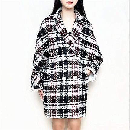 cache专柜正品茧型格子中长款粗羊毛呢外套秋冬大衣女 8816021