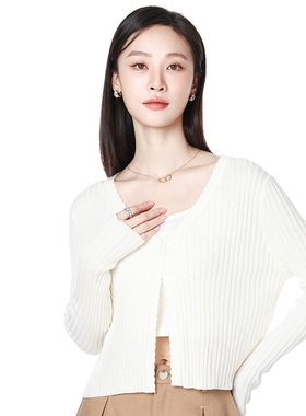 Mixblu麦斯兰专柜正品圆领长袖纯色针织开衫女春秋短外套BX861007