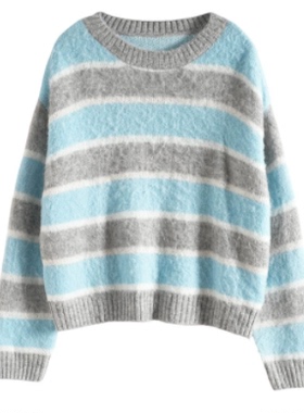 Mixblu麦斯兰专柜正品休闲条纹圆领宽松毛衣针织衫女春秋BXB61605