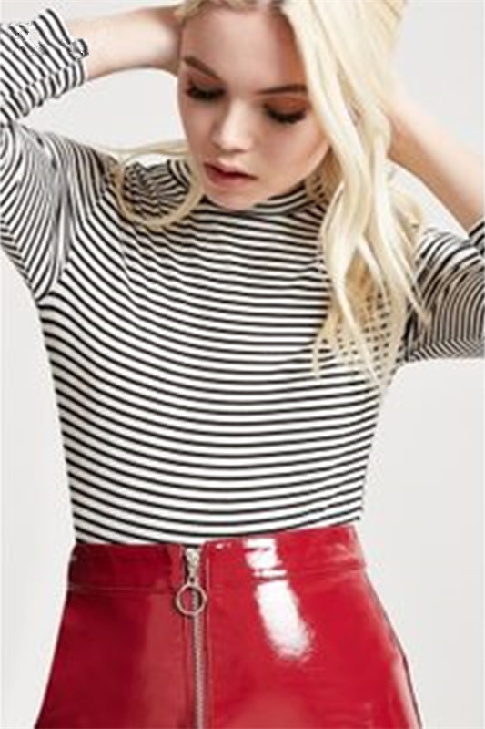 F21系列专柜正品B-4-10-3-1半高领七分袖条纹T恤女158579