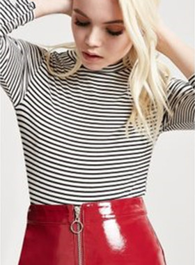 F21系列专柜正品B-4-10-3-1半高领七分袖条纹T恤女158579