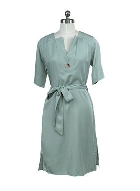 拉系专柜正品通勤知性V领短袖高腰蝴蝶结莱赛尔连衣裙夏 2L001218