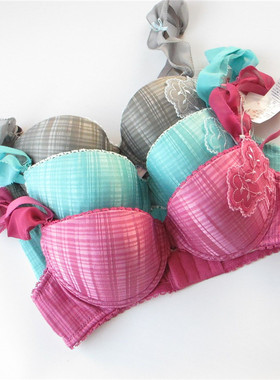 欧系列正品c-13-7-3-2文艺格子可卸肩带聚拢胸罩内衣文胸 RA23044