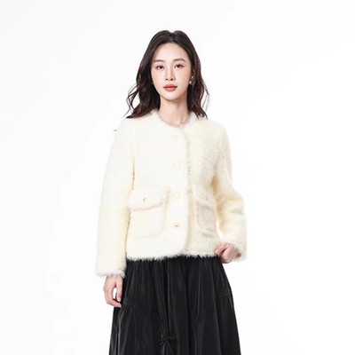 Mixblu麦斯兰专柜正品轻奢长毛绒圆领小香风外套女春秋冬BX924003