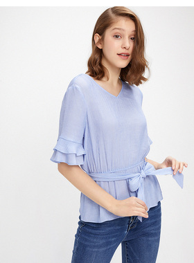 包邮cache专柜正品小清新纯色V领喇叭袖收腰中袖衬衫女夏 9407007