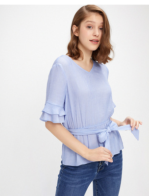 包邮cache专柜正品小清新纯色V领喇叭袖收腰中袖衬衫女夏 9407007